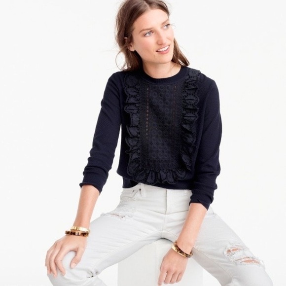 J.Crew Sweaters - J.Crew Navy Blue Lace Eyelet Bib Ruffle Front Summerweight Cotton Sweater XXS